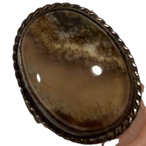 Vintage taupe agate dome ring antique silver tone surround & sides size 7.5